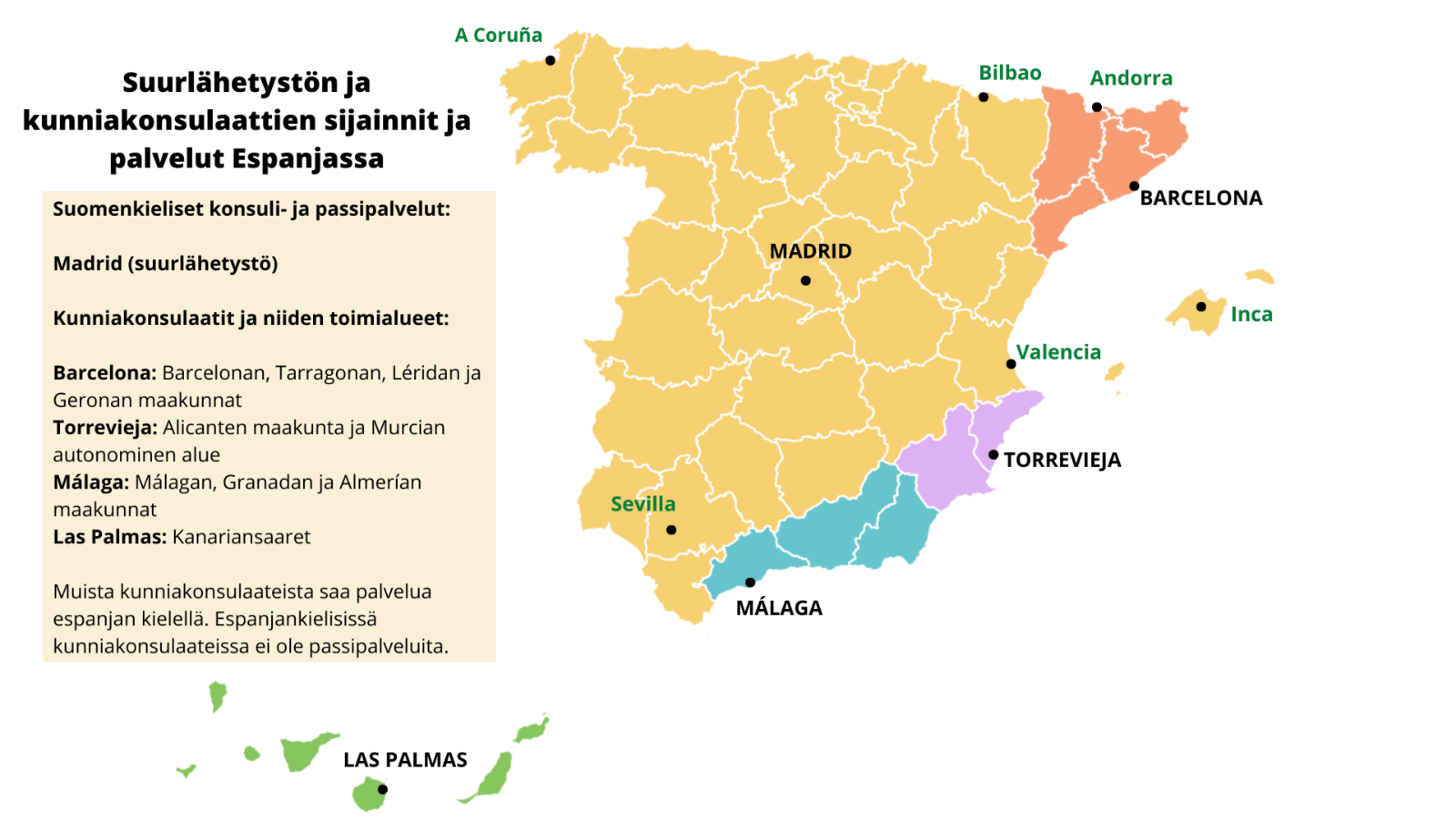 kunniakonsulaattien sijainnit Espanjan kartalla
