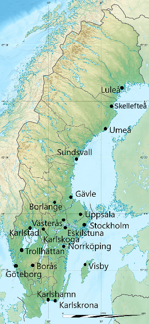 Kunniakonsulaattien sijaintikaupungit Ruotsin kartalla.