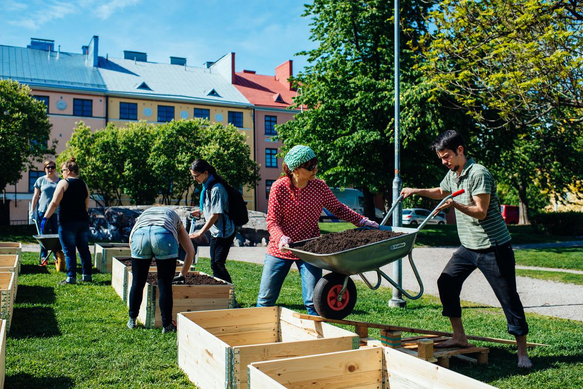 People filling the plant boxes of the urban garden with soil.