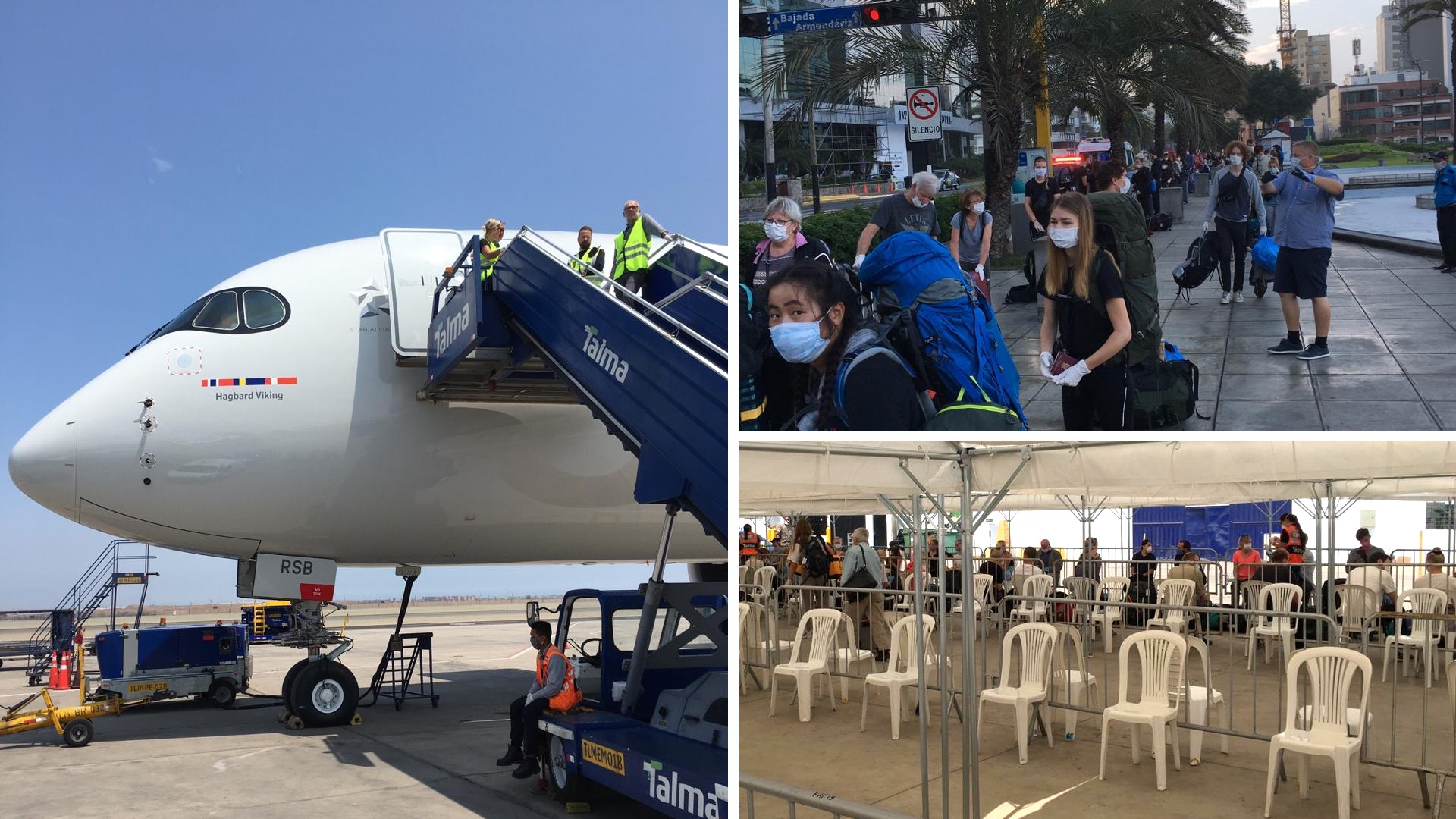 Bildkollage: Resenärer återvänder från Peru med evakueringsflygningar ordnade av EU-länderna. Köer på gatan och i tält, flygplan redo att ta emot passagerare.