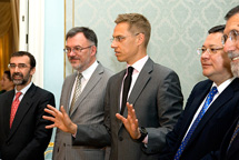 The meeting was attended by Secretary of State Angel Lossada of Spain (left), who represented the previous Chairmanship, Foreign Minister Petras Vaitiek?nas of Lithuania, Foreign Minister Alexander Stubb, Foreign Minister Marat Tazhin of Kazakhstan and Special Envoy Christos Zacharakis of Greece, who represented the incoming Chairmanship. Photo: Petri Krook