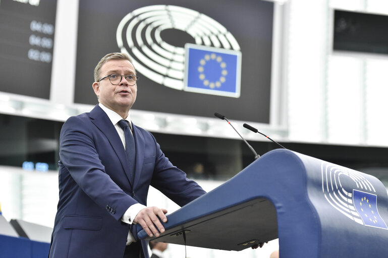 Pääministeri Orpo puhui Euroopan parlamentin täysistunnossa Strasbourgissa 13.3.2024. Kuva: Euroopan unioni