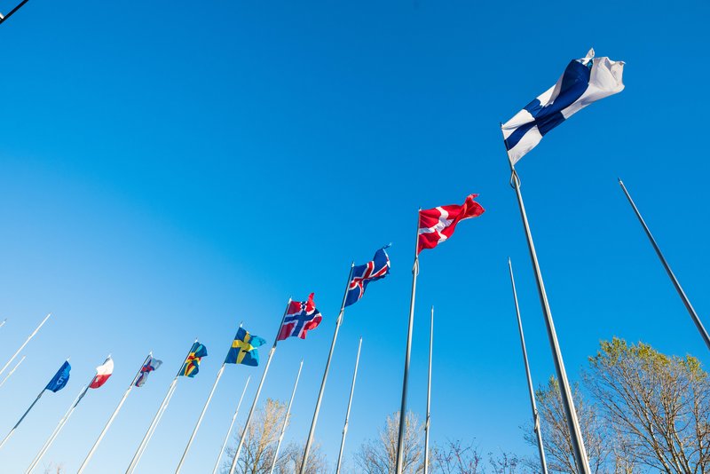 Pohjoismaiset liput liehuvat rivissä.