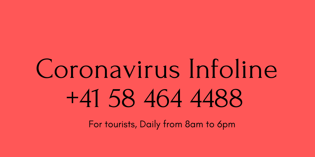 Sveitsin viranomaisten neuvontapuhelin koronaviruksesta matkailijoille.