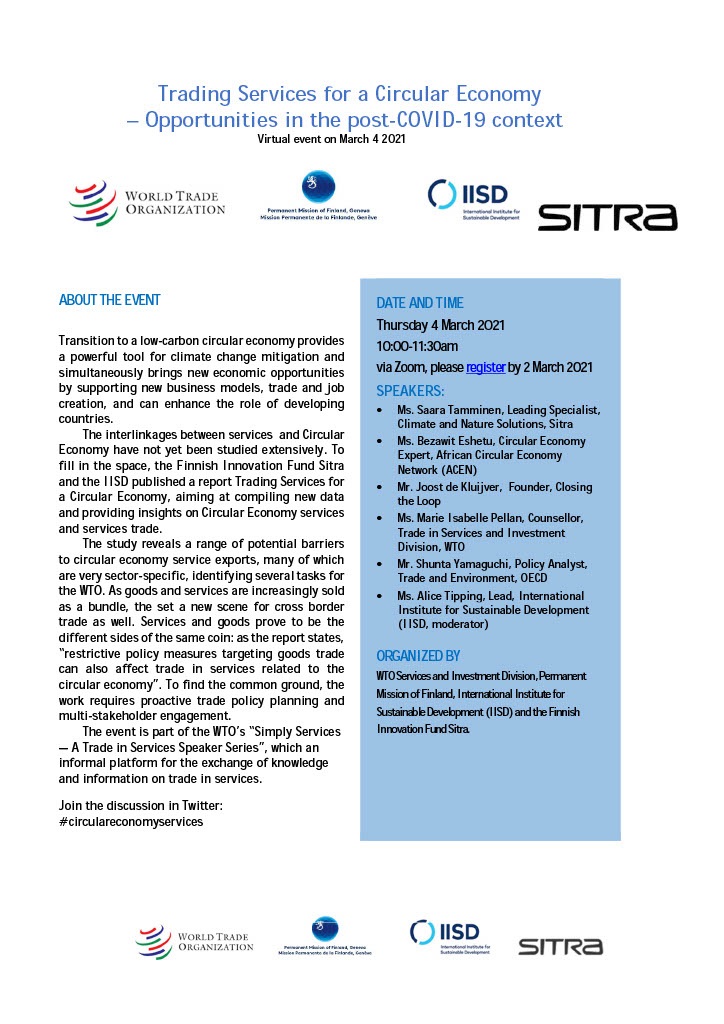 Upcoming event on Circular Economy and Services Trade, March 4 2021. 