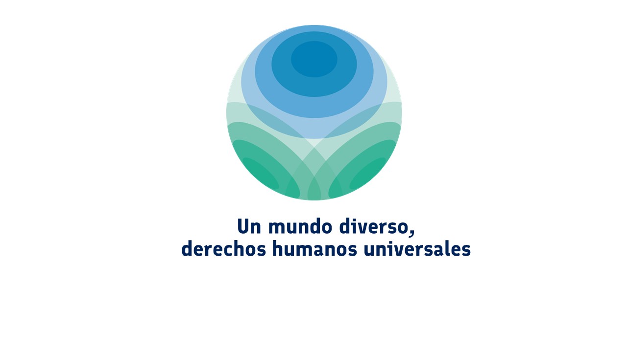 Logo de la candidatura de Finlandia al Consejo de Derechos Humanos de la ONU, con texto: Un mundo diverso, derechos humanos universales.