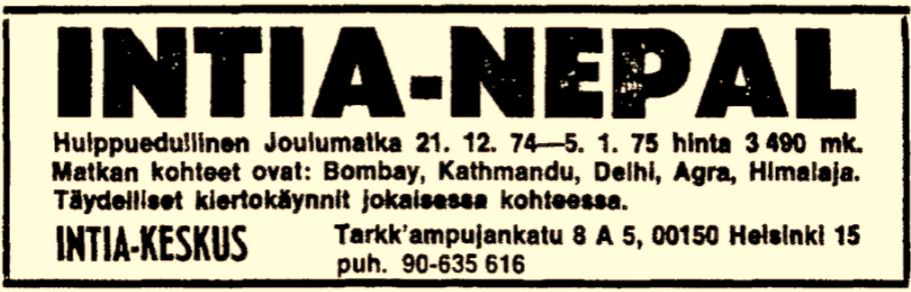 An advertisement from 1974 on a Finnish newspaper, promotes a tour to India and Nepal.