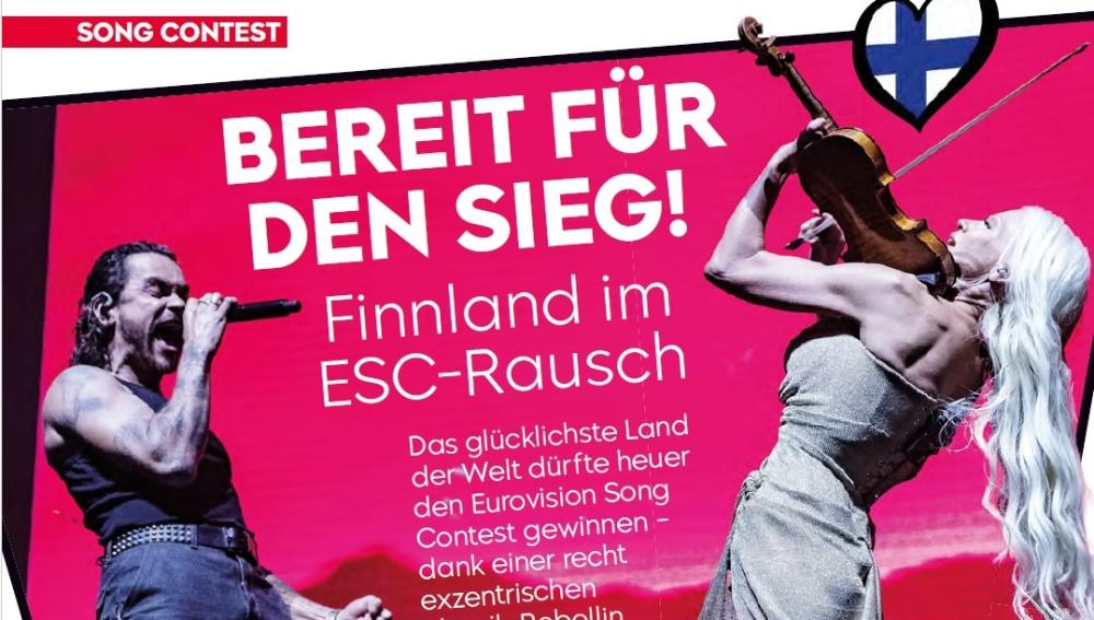 Kuva TV-median jutusta, jossa esitellään Suomen kappale ja erityisesti Linda Lampenius.