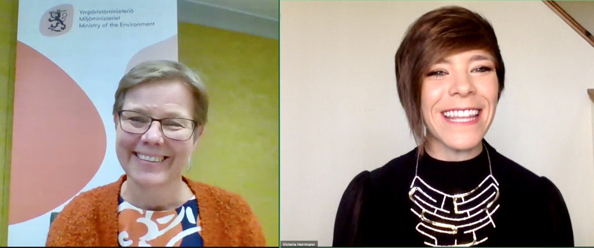 Screen grab of the webinar featuring Minister Mikkonen and the moderator Victoria Herrman. 