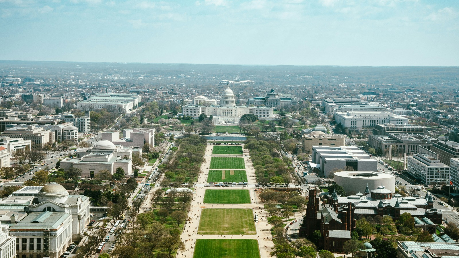 An aerial view of the National Mall and the U.S. Capitol building.