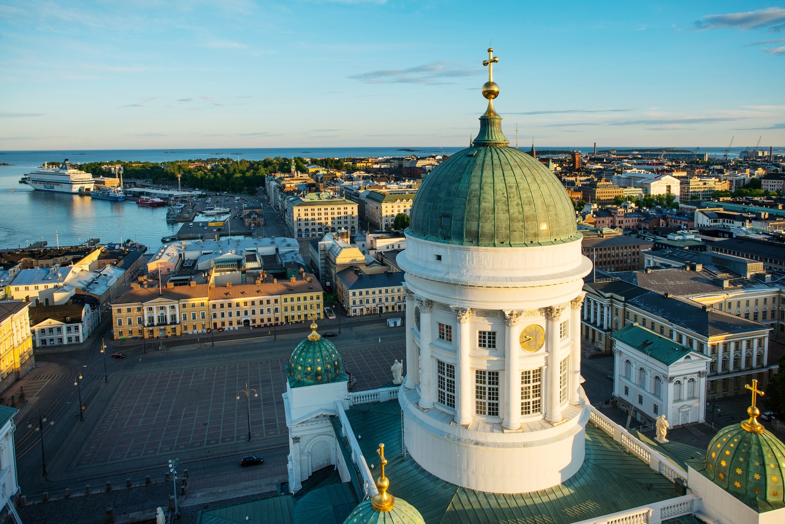An aerial shot of Helsinki Cathedral and the city of Helsinki.