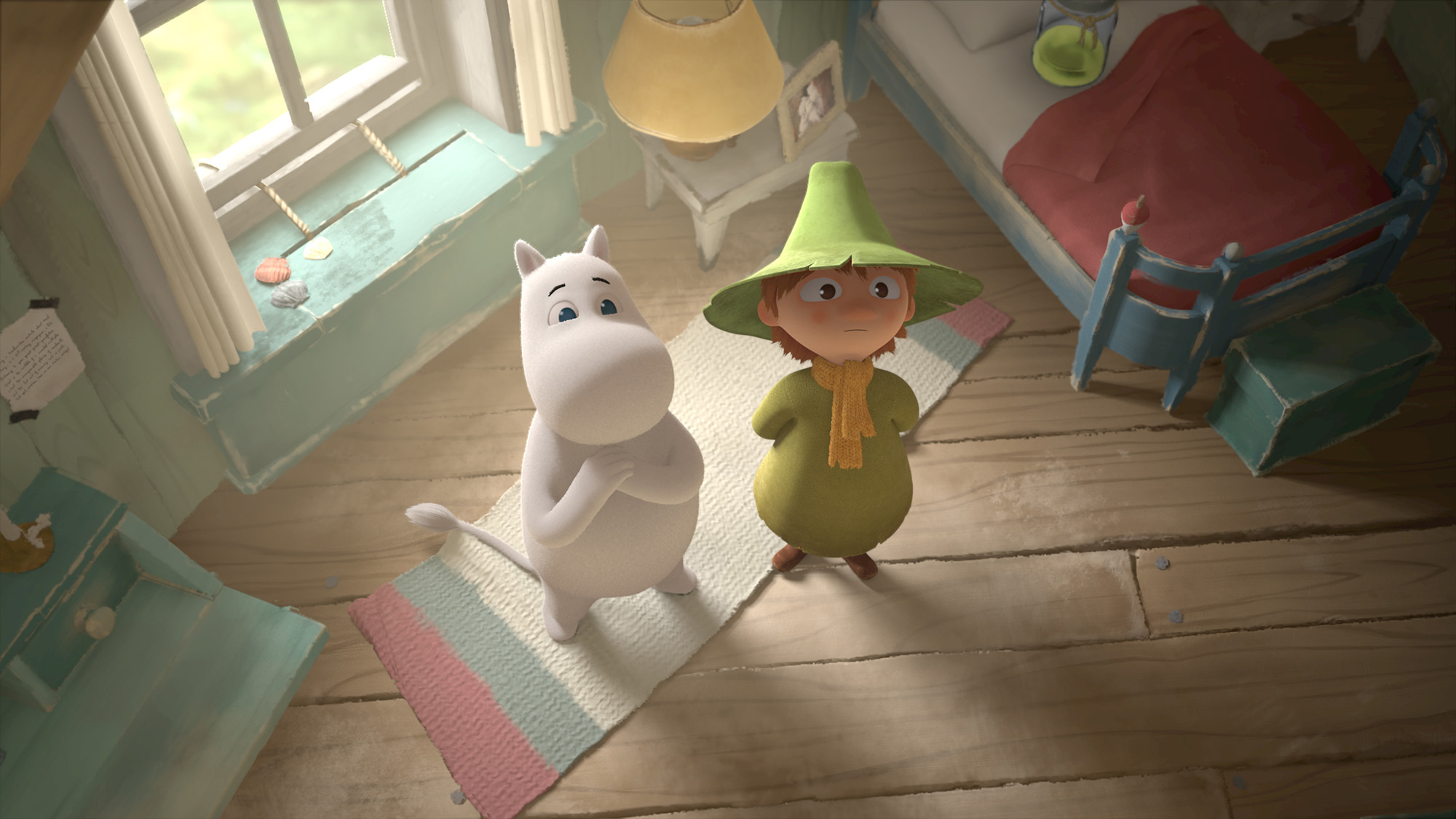 Still from the 2019 animation series Moominvalley. Moomintroll and Snufkin stand next to each other in a room and look up.