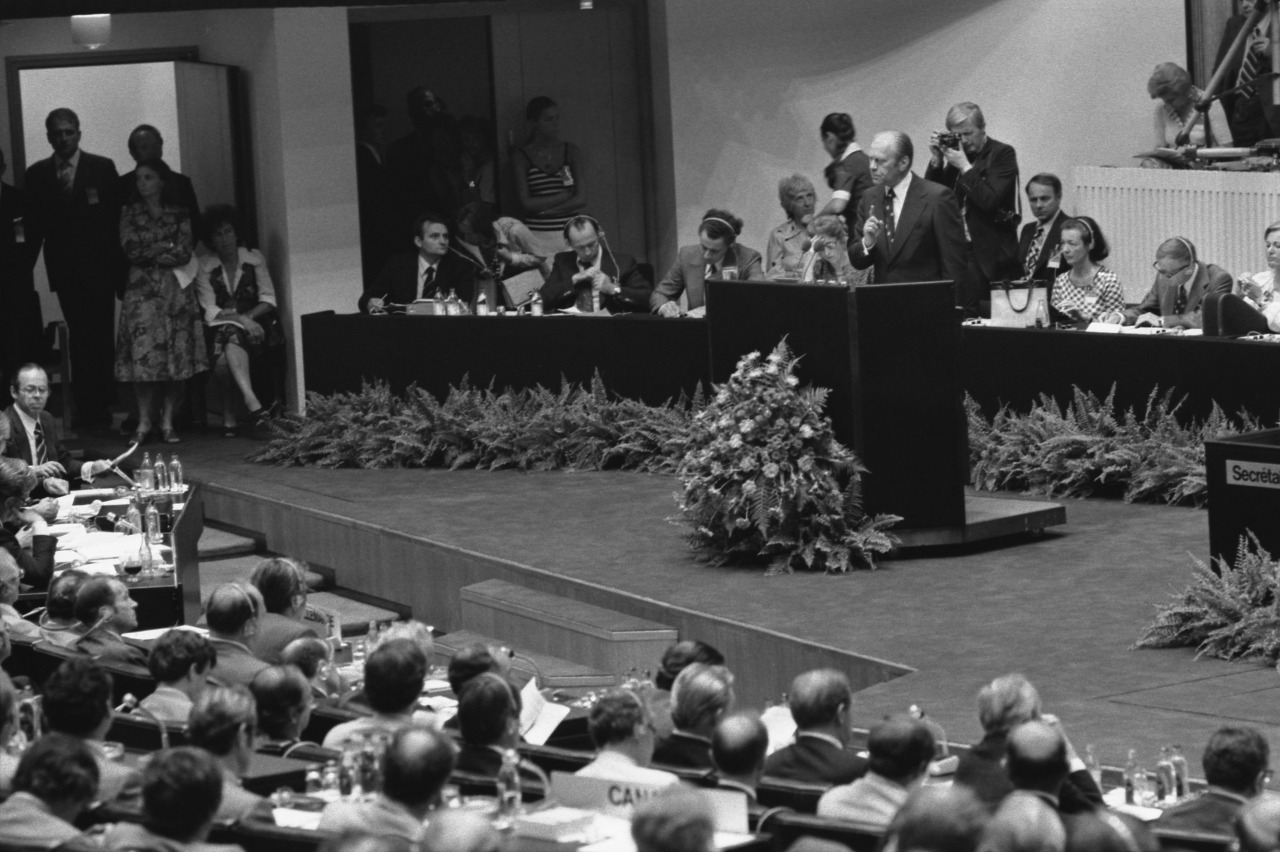 President Ford addressing delegates during the Plenary Session of the CSCE in Finlandia Hall on August 1, 1975
